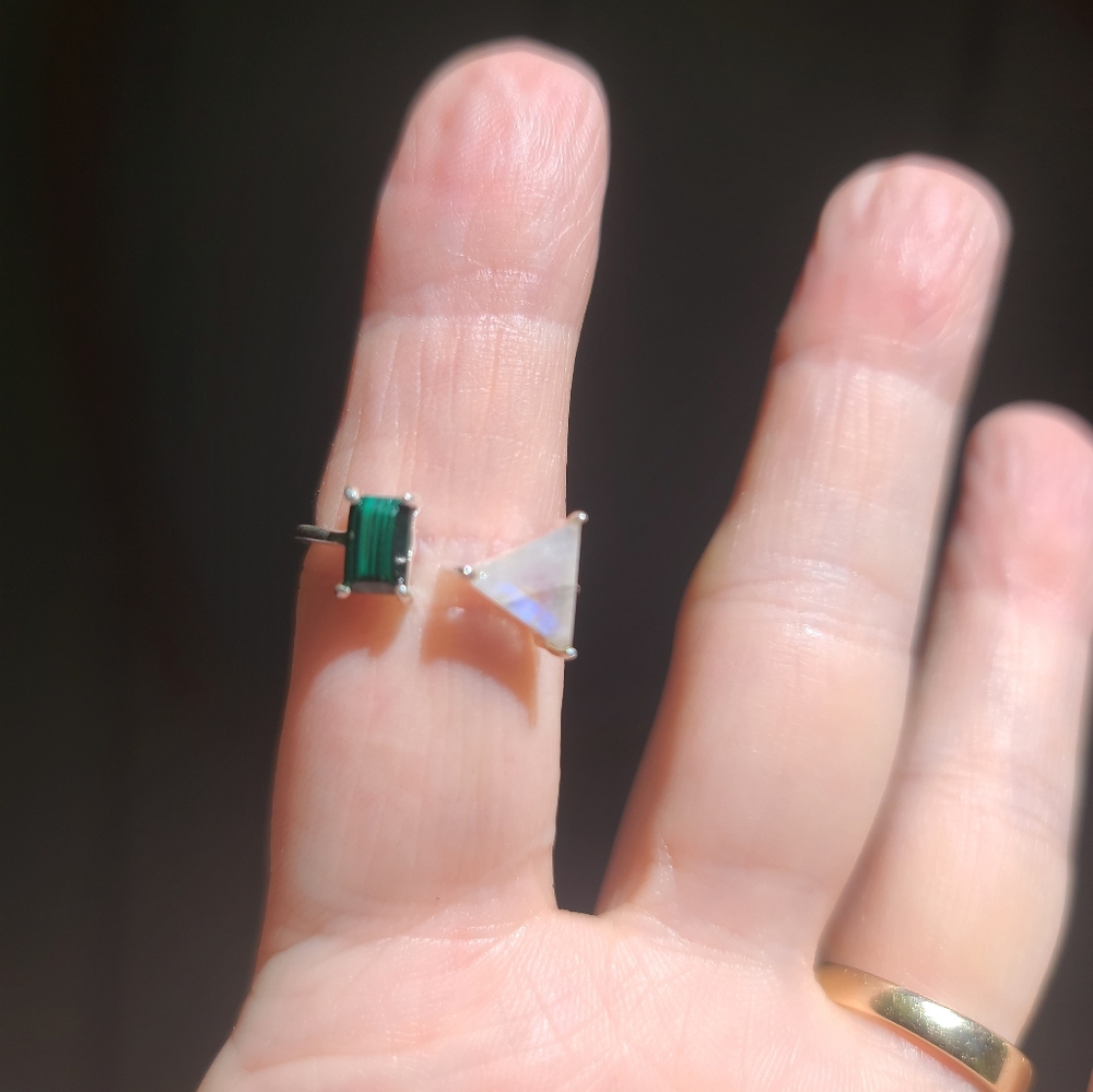 Moonstone & Malachite geometric open design sterling rung sz7 adjustable - Picture 5 of 8